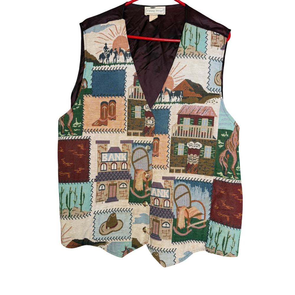 Fitting Image Vintage Western Tapestry Vest Old West Cowboy Saloon Multi Color